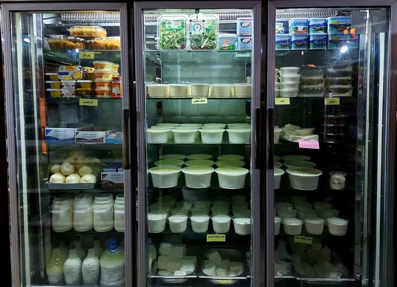 فروشگاه سوپر لبنیاتی دامدار با یخچال‌های مملو از انواع لبنیات تازه و محلی: ماست، پنیر، خامه، کره و شیر.