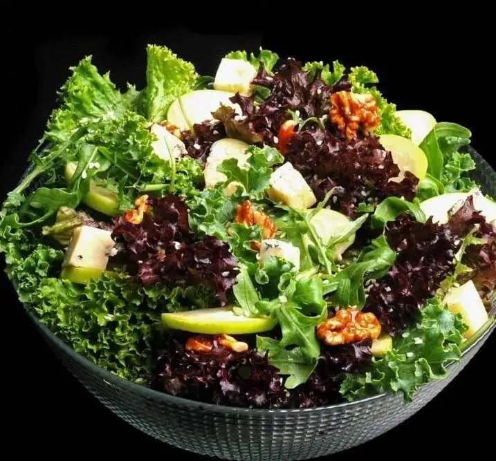 سالاد رنگارنگ و لذیذ رستوران ایتالیایی بونو ظفر؛ پیش‌غذایی سالم با کاهو، سیب، گردو و پنیر در منطقه ظفر.