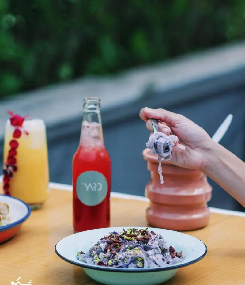 پاستای بنفش خاص کافه یارد با بیکن و پسته به همراه نوشیدنی خنک در فضای دلنشین و سرسبز کافه یارد تهران