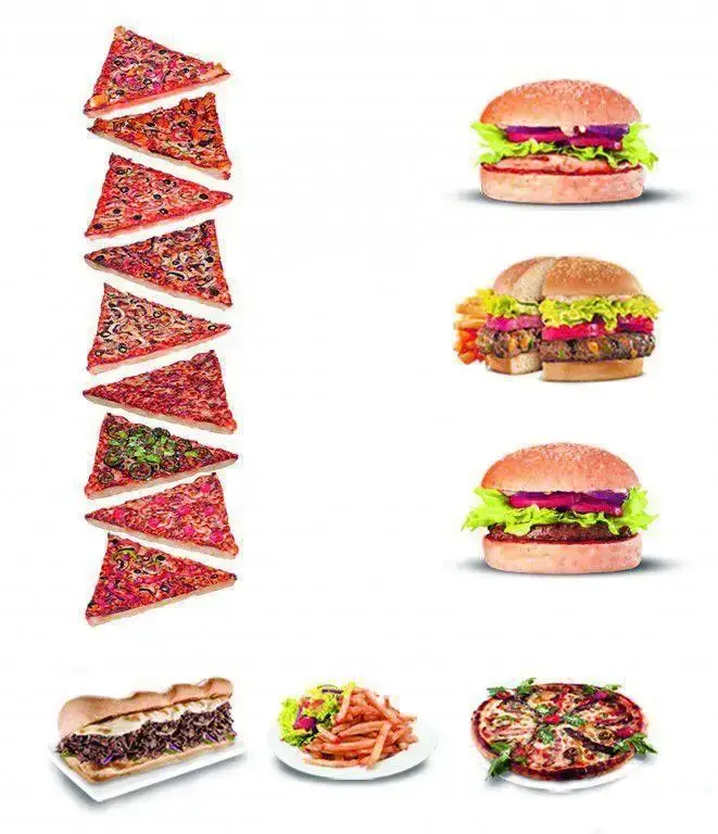تصویر انواع غذاهای لذیذ فست فود پیتزا سیب شامل پیتزاهای متنوع، همبرگر، ساندویچ و سیب زمینی سرخ کرده تازه و خوشمزه.