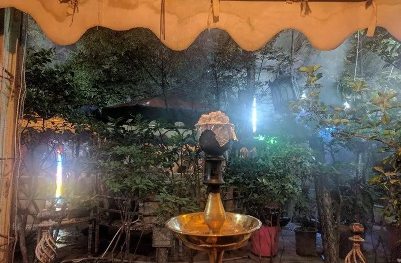 تصویری جذاب از باغچه رستوران ساحل در شب؛ محیطی دنج و سرسبز با قلیان آماده سرو، نورپردازی چشم‌نواز و فضای باز رویایی.