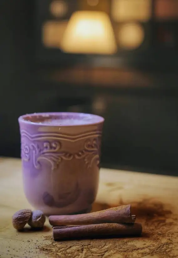 نوشیدنی گرم و معطر کافه ژوان در ماگی بنفش طرح‌دار، همراه با دارچین و جوز هندی، لحظات دنجی را برای شما می‌سازد.