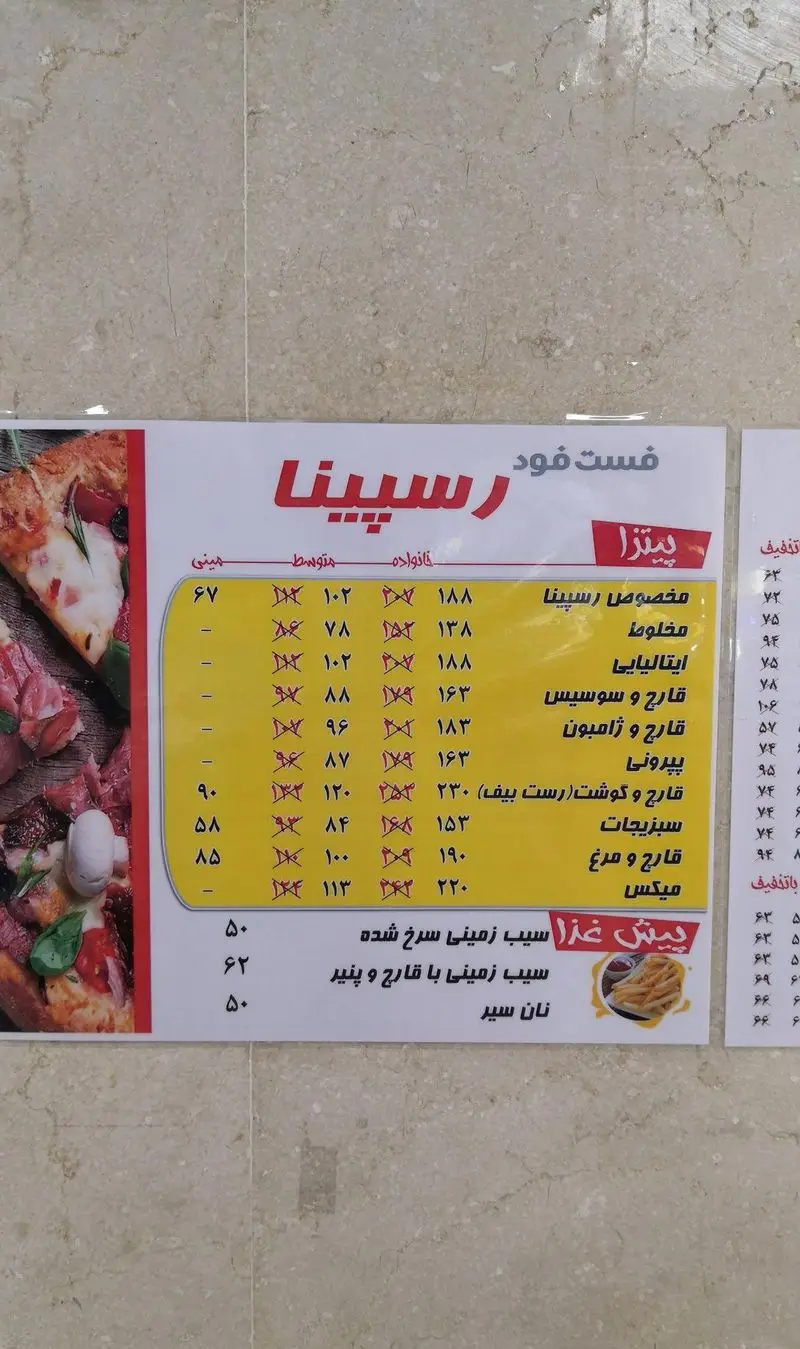 منوی کامل فست فود پیتزا رسپینا: انواع پیتزا (مخصوص، مخلوط، پپرونی، قارچ و مرغ) و پیش‌غذاها (سیب زمینی سرخ شده، نان سیر) با جزئیات قیمت.