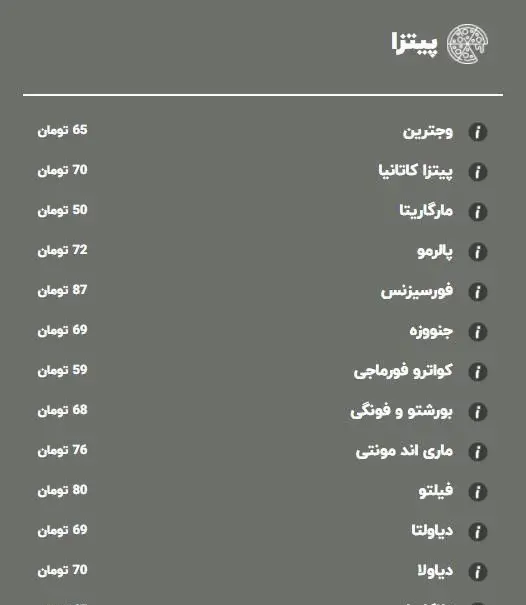 تصویر منوی پیتزاهای کافه رستوران البا شامل نام و قیمت انواع پیتزا مانند وجترین، مارگاریتا، فورسیزنس، پالرمو و دیاوولا.