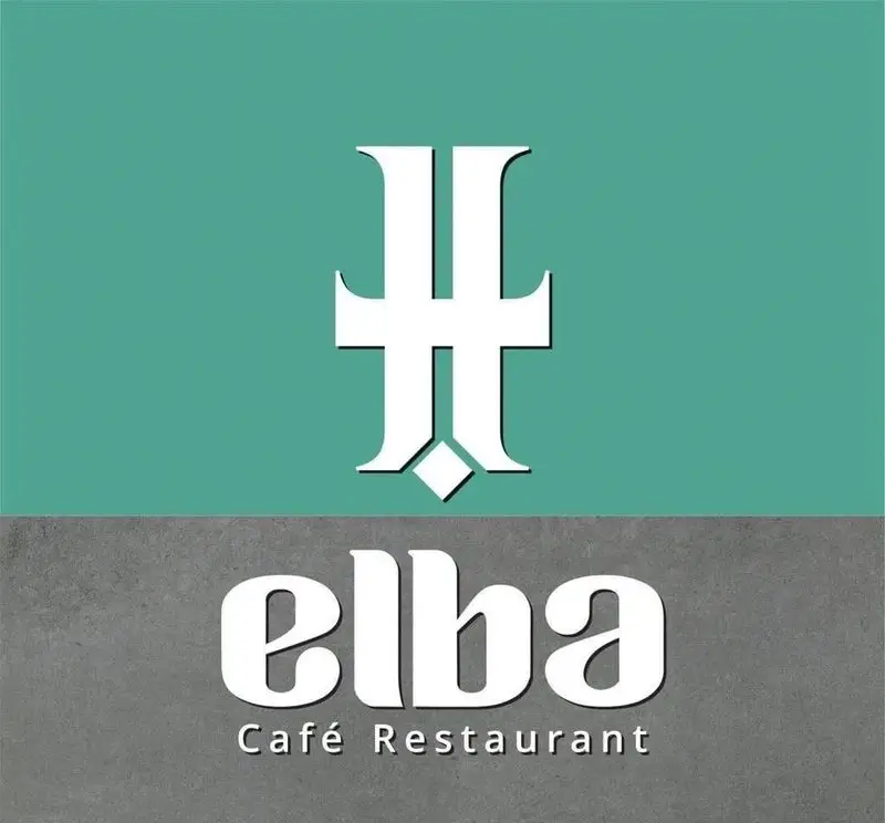 لوگو و هویت بصری کافه رستوران البا با پس‌زمینه فیروزه‌ای و خاکستری، شامل نشانه‌های بصری منحصر به فرد و نام برند "elba".