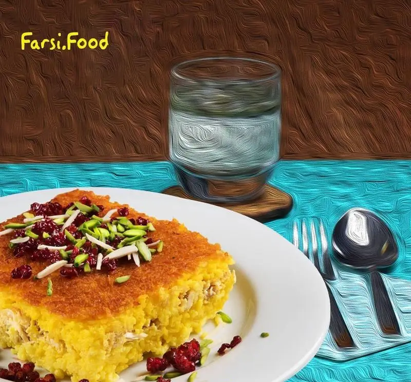 تصویری جذاب از ته چین مرغ و برنج زعفرانی خوشرنگ با تزیین زرشک و خلال پسته. یک وعده غذای اصیل و لذیذ ایرانی از تهیه غذای فارسی.