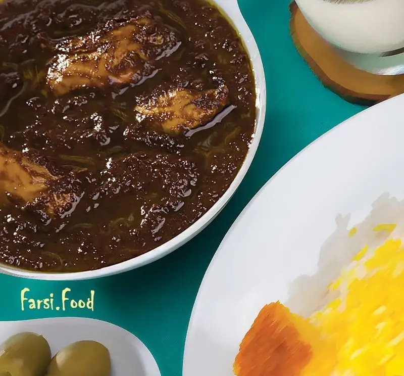 سفره رنگین ایرانی با خورشت قورمه سبزی سنتی، برنج زعفرانی، دوغ و زیتون. سرو شده توسط تهیه غذای فارسی.