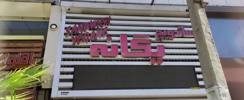تابلوی کسب‌وکار "ساندویچ یگانه" با حروف برجسته صورتی و سفید، شامل نام انگلیسی "SANDWICH YEGANE" برای اغذیه‌فروشی.