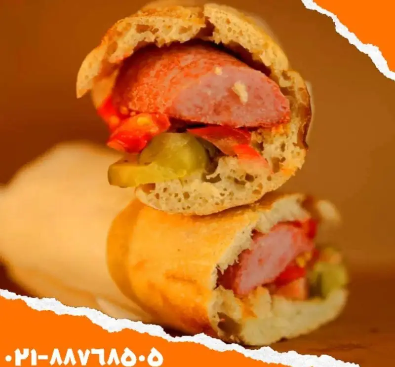 ساندویچ هات داگ ویژه و خوشمزه اغذیه یگانه با ترکیبات تازه سوسیس، گوجه فرنگی و خیارشور. سفارش فست فود یگانه تهران.