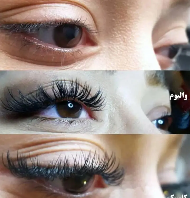 تصویر مقایسه انواع مدلهای اکستنشن مژه شامل مژه طبیعی، اکستنشن مژه والیوم پرپشت و اکستنشن مژه کلاسیک تار به تار در سالن زیبایی