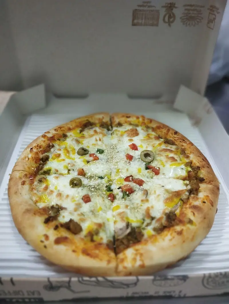 پیتزا خانگی خوشمزه شامی یامی در جعبه مقوایی، با پنیر فراوان، زیتون، گوجه و گوشت، آماده برای سفارش و لذت بردن از طعم اصیل.