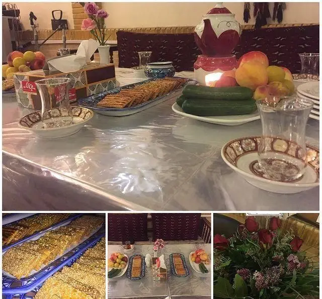 پذیرایی سنتی و دلپذیر سفره خانه باغ فردوس با انواع دسر شیرین، میوه تازه، خیار و چای. میزآرایی جذاب در محیطی اصیل.