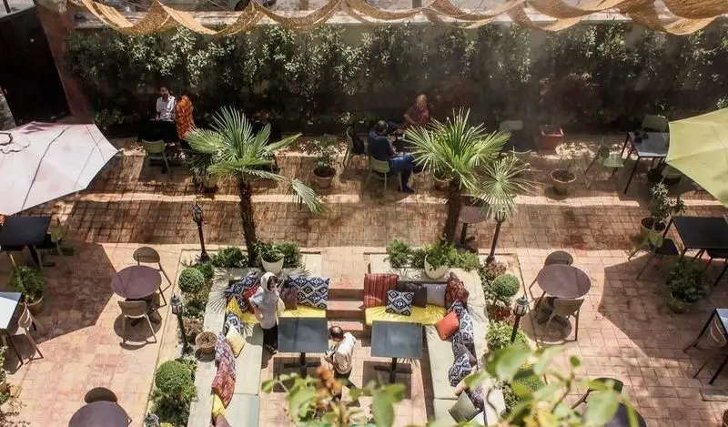 نمایی از فضای باز کافه تی آرت، با میز و صندلی، پالم و نشیمن های دنج و راحت، جایی برای آرامش و لذت مشتریان.