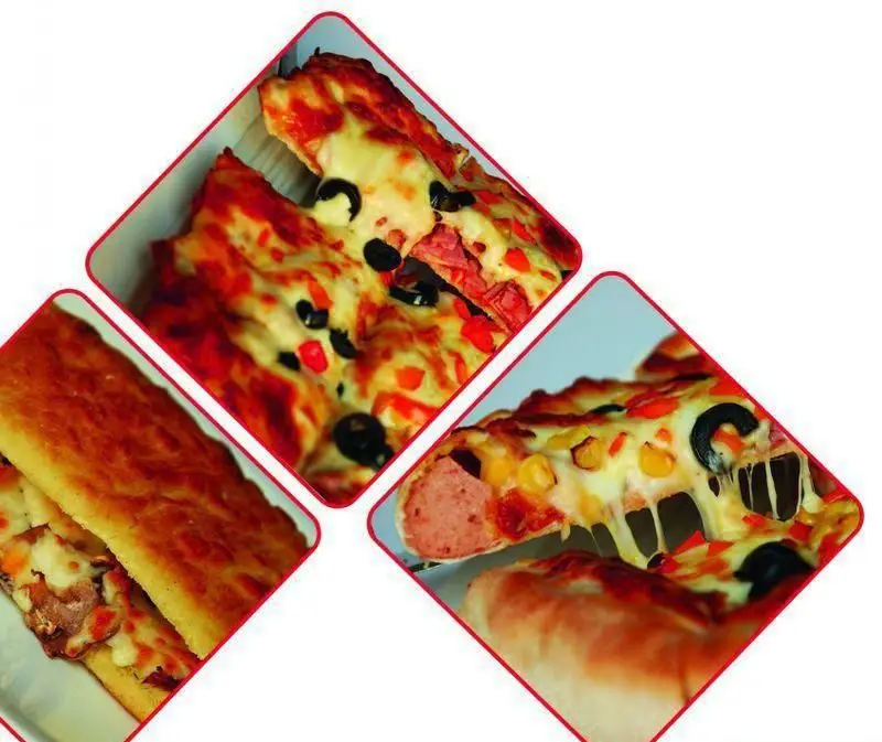 تصویر ترکیبی از پیتزاهای لذیذ و هات داگ ویژه پیتزا دومینو شعبه جردن. نمایش پنیر کشسان، زیتون، فلفل دلمه و هات داگ پنیری.