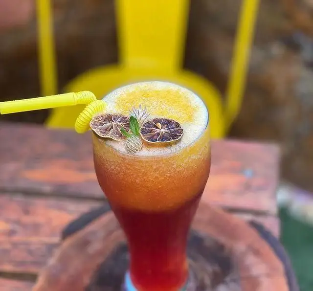 نوشیدنی خنک و رنگارنگ کافه چوب سبز، ترکیبی جذاب از آبمیوه تازه با تزیین لیمو خشک و نعناع در دکوری دلنشین چوبی.