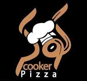 لوگوی فست فود کوکر پیتزا با طراحی منحصربه‌فرد یک سرآشپز از حروف عربی، نام برند cooker Pizza برای غذای فست فود.