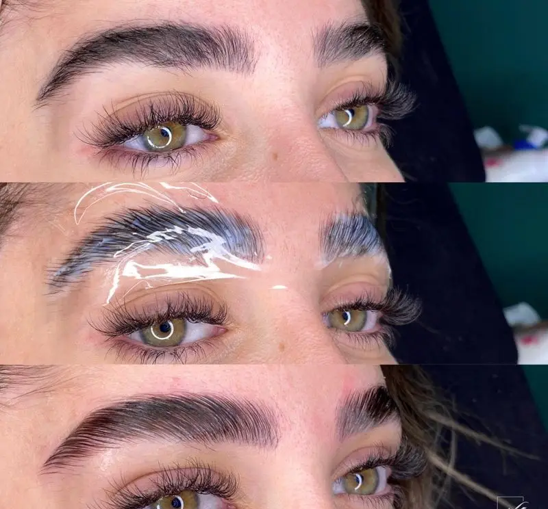 آموزش و خدمات تخصصی اکستنشن مژه، لیفت مژه و ابرو توسط مریم صادقی: نمایش سه مرحلهای لیفت ابرو برای ایجاد ظاهری زیبا و مرتب.
