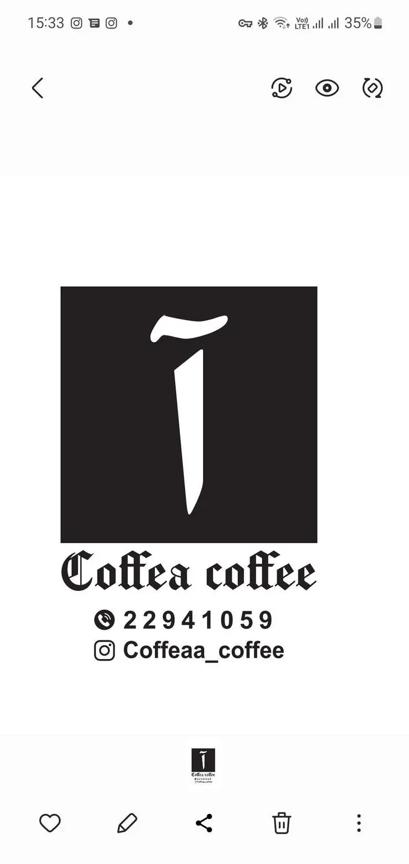 لوگو و اطلاعات تماس کافه آ، شامل نماد 'آ' سفید روی پس‌زمینه مشکی، نام 'Coffea coffee'، شماره 22941059 و اینستاگرام @Coffeaa_coffee
