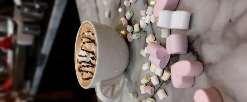 لذت نوشیدن هات چاکلت یا قهوه با خامه، سس شکلات و مارشمالوهای رنگی روی میز مرمر در کافه آ.