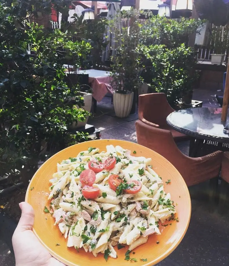 پاستا سالاد خنک و لذیذ کافه لند با گوجه‌فرنگی و سبزیجات تازه. لذت یک وعده غذایی دلنشین از منو متنوع کافه در فضای باز و سرسبز.