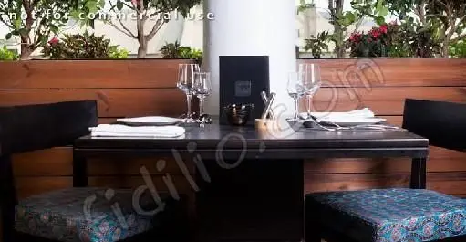 میز دو نفره شیک رستوران فرنگی رمان با چیدمان کامل و محیط سرسبز، فضایی دلنشین برای صرف غذا و ساختن لحظات به یادماندنی.