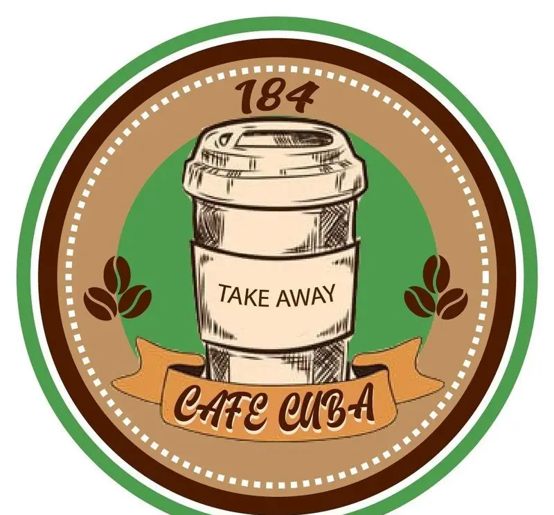 لوگوی اختصاصی کافه کوبا 184 با طرح لیوان قهوه بیرون بر (Take Away)، دانه قهوه و نام "Cafe Cuba". مناسب جهت سفارش آنلاین قهوه.