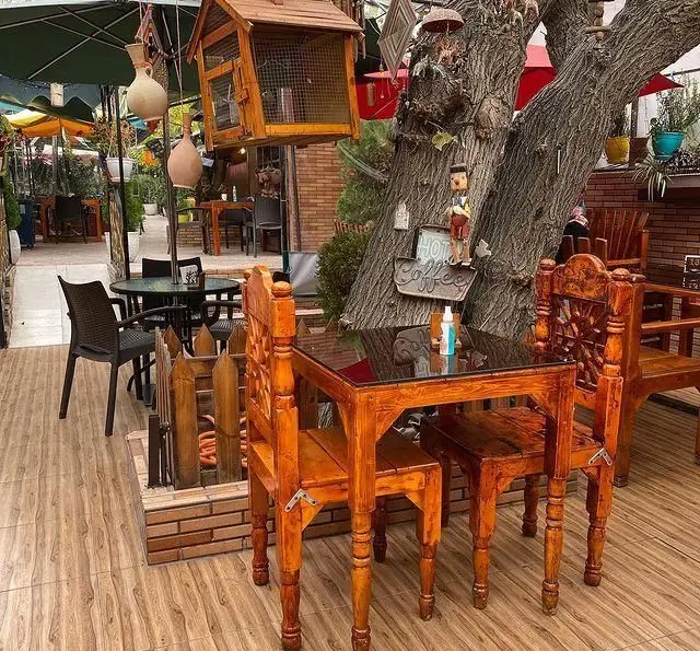 فضای باز دلنشین باغ ایرو با دکوراسیون چوبی سنتی، میز و صندلی‌های چوبی قهوه‌ای، درخت تزئین شده و سایه‌بان‌های سبز برای کافه و رستوران.