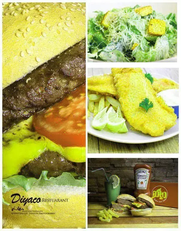 منوی متنوع فست فود دیاکو: همبرگرهای آبدار، سالاد سزار با سس مخصوص، ماهی و چیپس طلایی، سیب زمینی سرخ کرده و نوشیدنی.