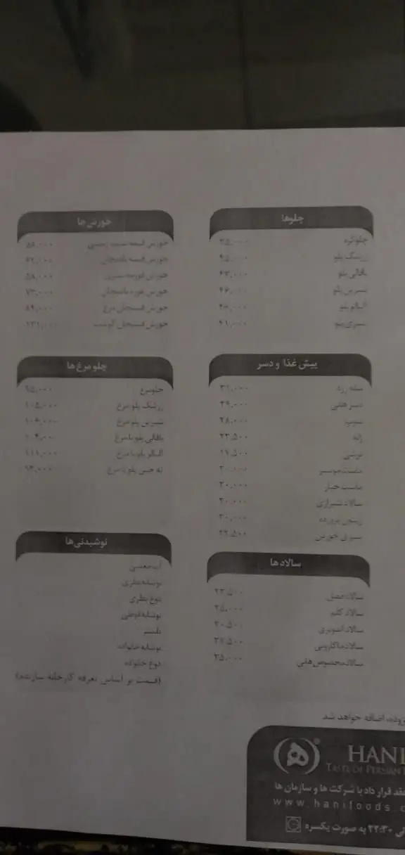 منوی رستوران هانی مرکزی: فهرست کاملی از غذاهای سنتی ایرانی شامل انواع چلو، خورش، چلومرغ، پیش غذا، دسر، سالاد و نوشیدنی‌های متنوع.