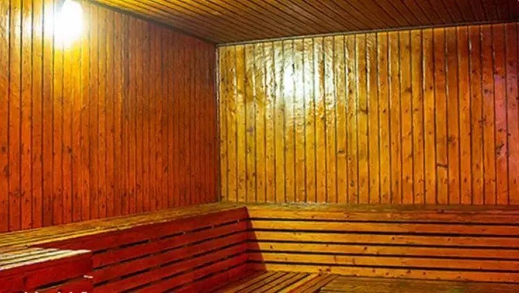 تصویر فضای داخلی سونا چوبی و گرم استخر روباز آفتاب با طراحی زیبا و امکانات مدرن برای آرامش و تندرستی بازدیدکنندگان.
