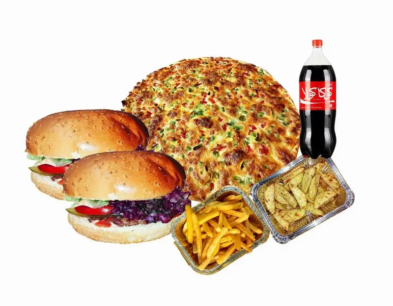 پیتزا علامت سوال: پکیج کامل فست فود شامل یک پیتزا بزرگ پرملات، دو ساندویچ همبرگر، سیب زمینی سرخ کرده، سیب زمینی تنوری و نوشابه خانواده.