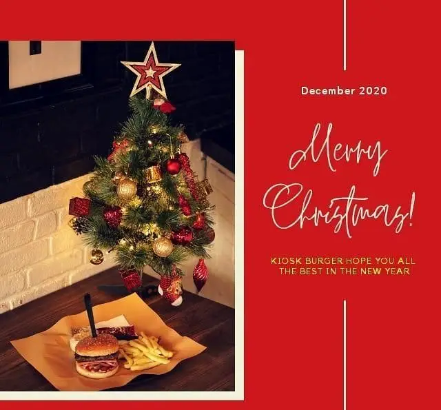 کیوسک برگر کریسمس 2020 را با یک برگر و سیب زمینی سرخ کرده خوشمزه در کنار درخت کریسمس تبریک می گوید. آرزوی بهترین ها برای سال نو.