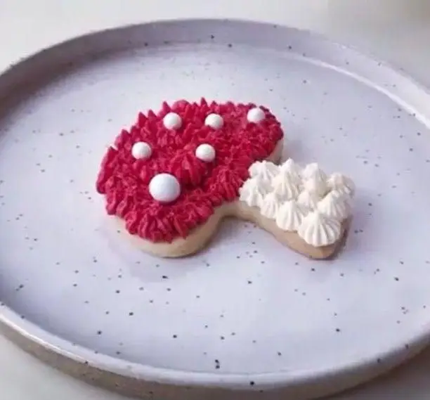 کوکی قارچ دست ساز و رنگارنگ با خامه فرم گرفته قرمز و سفید و مرواریدهای شکری، نمایش هنر در لوازم قنادی خانگی.