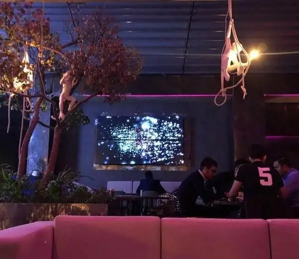 کافی شاپ بلومارلین: فضای داخلی شیک و هنری با دکوراسیون خاص، شامل درخت، مجسمه‌های معلق و نورپردازی رویایی برای مشتریان.