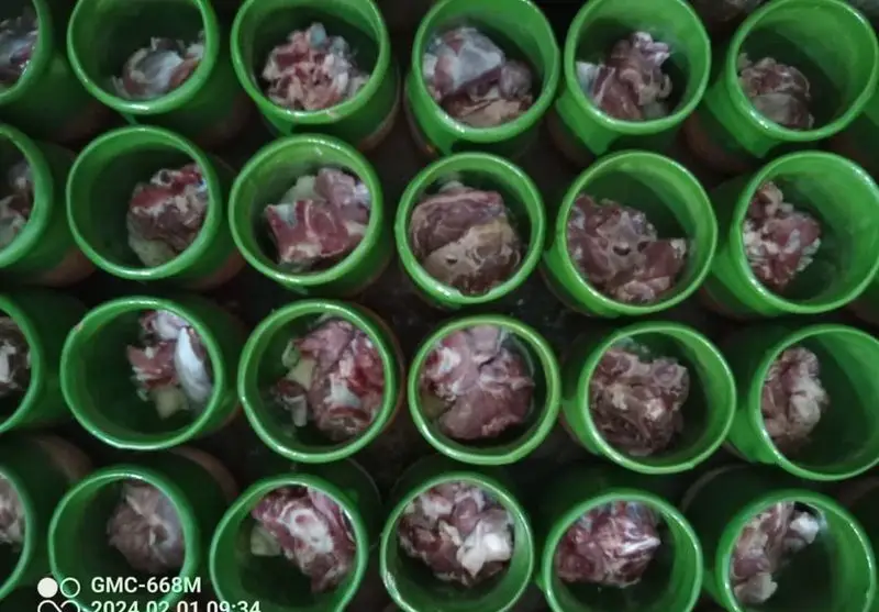 نمایی از گوشت تازه و باکیفیت آماده شده در ظروف مخصوص سبز رنگ برای تهیه دیزی سنتی لذیذ در شاه دیزی پایتخت، شعبه یادگار.