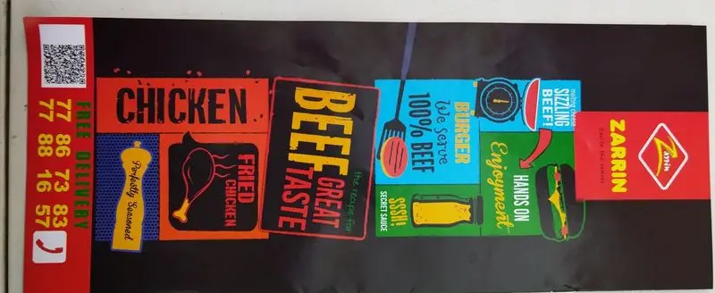 پوستر تبلیغاتی زرین شامل مرغ سوخاری، برگر گوشت ۱۰۰٪ و بیف. تحویل رایگان، طعم عالی، کیفیت بالا و شماره تماس.