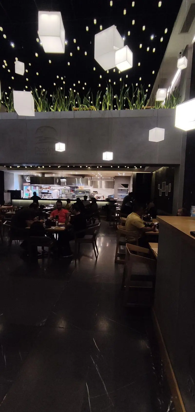 محیط داخلی فست فود دکتر آرین با طراحی معاصر، شامل مشتریان در حال غذا خوردن، آشپزخانه باز و سقف تزئین شده با نورهای مکعبی و گیاهان.