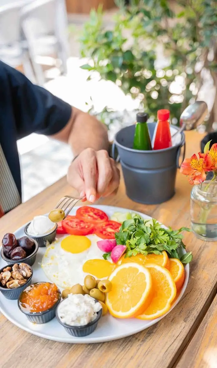 کافه رام بیسترو: میز صبحانه و برانچ کامل و لذیذ شامل تخم مرغ، پرتقال، زیتون، خرما، گردو، پنیر و مربا در محیطی دنج و دلنشین.