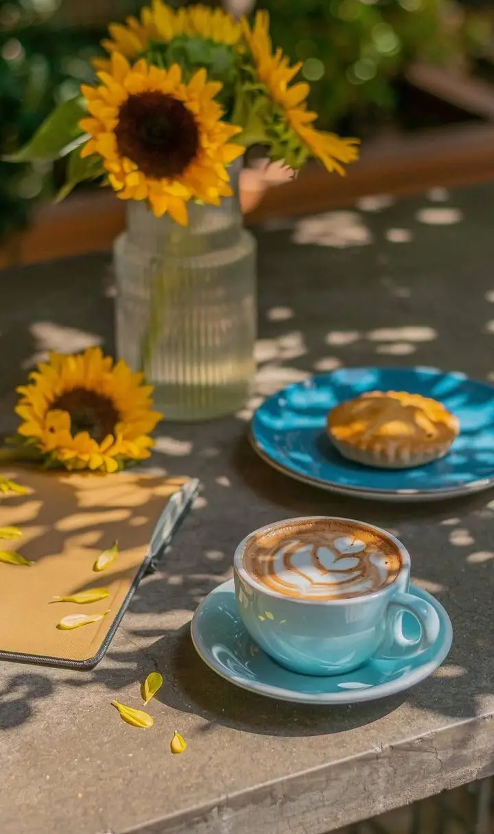 لذت یک روز آفتابی در کافه رام بیسترو: میز با قهوه لاته هنرمندانه، گل آفتابگردان، پای دلپذیر و دفتر. بهترین مکان برای نوشیدنی و غذا.