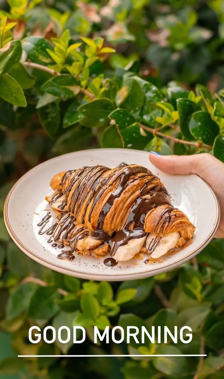 کروسان تازه با سس شکلات فراوان و موز، هدیه‌ای از کافه رام بیسترو برای صبحانه. انواع غذا و نوشیدنی در فضای دلپذیر ما.