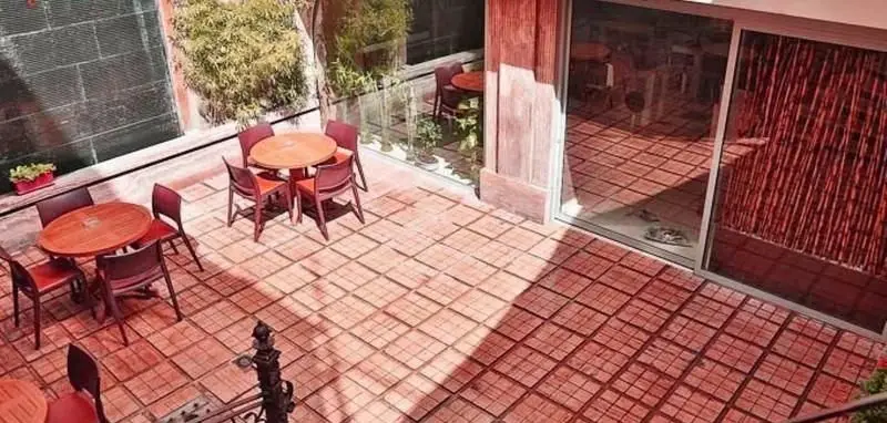 رستوران درخت ژینکو: فضای باز زیبا با میز و صندلی‌های چوبی روی کفپوش آجری، ایده‌آل برای صرف غذای لذت‌بخش در محیطی آرام.