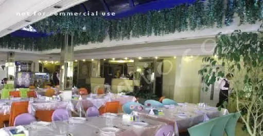 فضای داخلی وسیع و زیبای رستوران چلوکباب رفتاری، با میزهای مرتب و صندلی‌های رنگی متنوع، آماده پذیرایی از مشتریان. دکوراسیون سبز آویزان فضایی دلپذیر را فراهم کرده است.