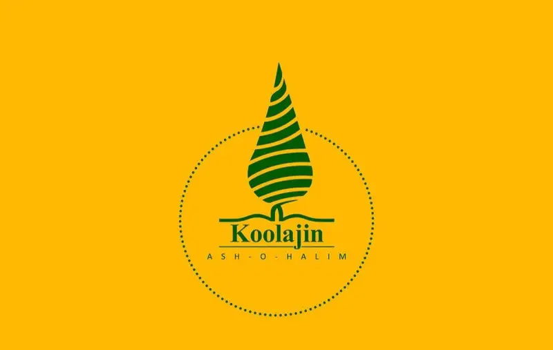 لوگوی آش و حلیم کولاژین سعادت آباد با طرح درختی سبز و نوشته "Koolajin ASH-O-HALIM" روی پس زمینه زرد، نماد غذای سنتی.