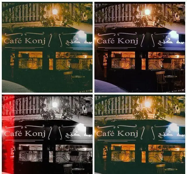 نمای شبانه و دلنشین کافه کنج با نورپردازی گرم و چشم‌نواز، شامل تابلو "Café Konj" و "کافه کنج" به همراه پنجره‌های دکوراتیو.